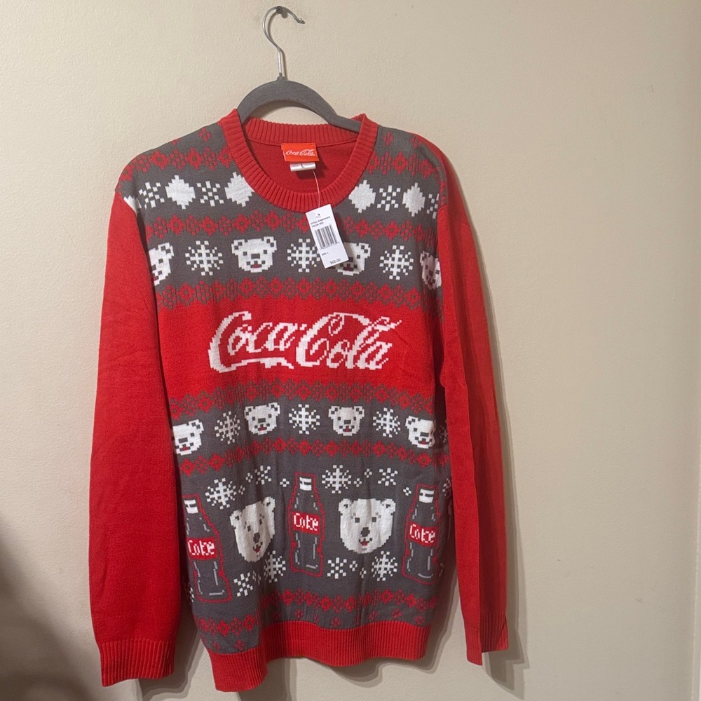 Unisex Red Coca Cola Holiday Sweater sz L Polar Bears Snow Flakes Coke Bottles